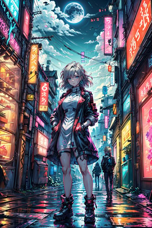 woman in a diamond dress, diamond earrings and accessories, long hair, hands in pockets, moon, streets with neon lights, fusion style, niji, sciamano240, soft shading, popular fashion, seras victoria, Cyberpunk