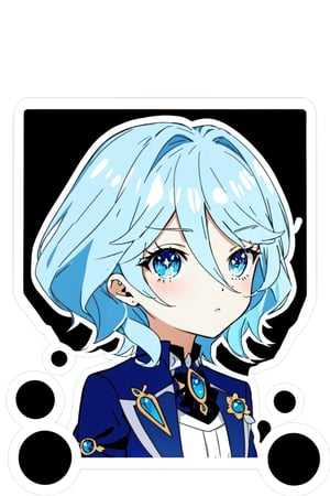  anime style,,sticker,,stickers, Stickers, ,diamond accessories, ligth blue and blue hair, blue eyes, white borders around the face, black background, CHIBI,furina