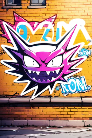 DonMW15pXL, cyborg style,Haunter (Pokemon) graffiti, graffiti on a wall, noon, masterpiece, wallpaper, English letters, sticker