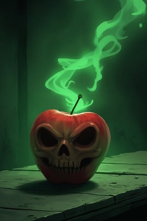 Score_9, Score_8, Score_7, a poisoned apple, it has a neon greenish glow, an apple on a table, red and releasing greenish smoke, has a carved skull, anime style,