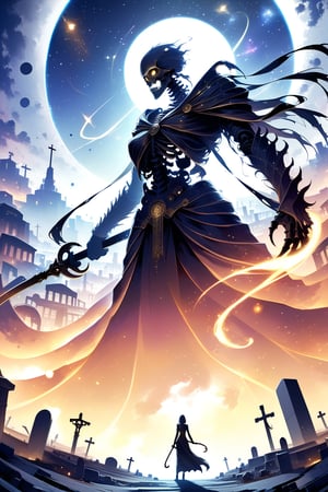 DonMW15pXL, seeing the world from a distant place beyond the stars, skeleton god with a black tukica and a giant sickle, imposing, cemetery, Greek goddess clothing, wallpaper, futuristic city, wallpaper