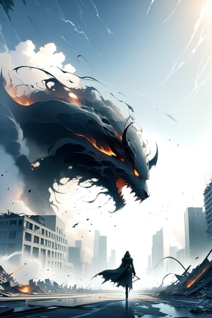 DonMW15pXL, force of nature, void demon walked into a city to destroy it,tat  sun, destroyed city, masterpiece, wallpaper, futuristic city, masterpiece, wallpaper