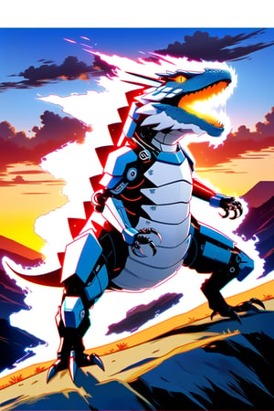 DonMW15pXL, cyborg style, armored lizard, roaring, on a hill, rock background, sunset, threatening
