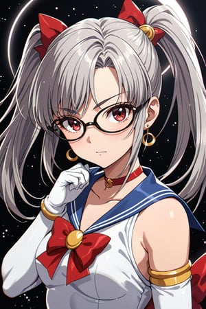 masterpiece, best quality, 1 girl, sailor moon, solo, sailor senshi uniform, short hair, gloves, sailor necklace, twintails, blue sailor necklace, jewelry, choker red, white gloves, earrings, choker, red bow, upper body, half moon, magical girl,glasses, half moon earrings, elbow length gloves, crescent moon, moon, hoop, bangs, looking at viewer, silver hair,  red eyes
