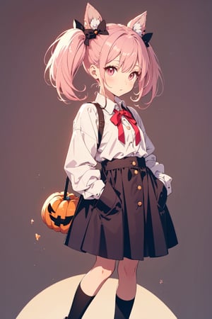 Chibi gir pink eyes.pink hair, pigtails She wears a shirt dress with a bow at the neck. full body, hands in pockets, halloween, horror background, artwork, wallpapers.two pigtails with a ribbon in the hair behind the nape of the neck