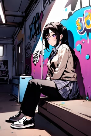 mature woman, sitting, schoolgirl, black hair,purple eyes, graffiti, midday, masterpiece, wallpaper, sticker, pigtails