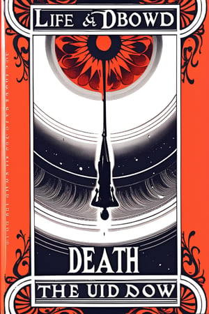 a red and black cover book, cover of a science fiction book, the title in English "LIFE AND DEATH", image below the title about death upside down and an angel upside down