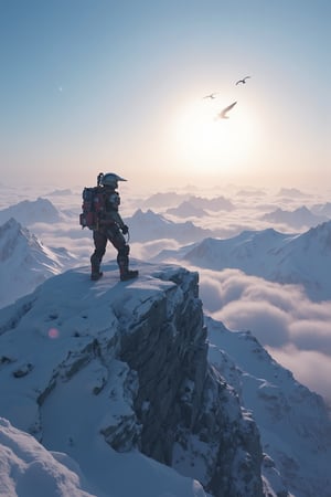 Score_9, Score_8, Score_7, top of an ice mountain, horizon, view of a sea of ​​clouds and icy mountain peaks, bright sun, midday, birds flying in the sky,Mecha