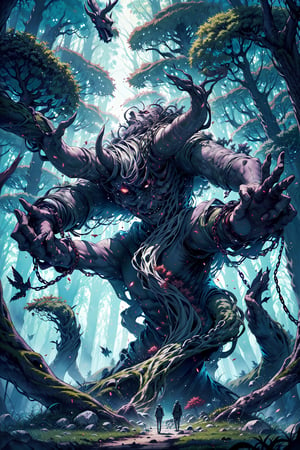 Chained forest demon, among the trees with ancient runes, toxic fumes, light, darkness, wallpaper, mold,