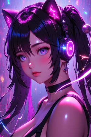 mature woman looking at the viewer,  graffiti,long hair,  noon, masterpiece, wallpaper, Sticker, ayakasprg, cat ears,glowing,bright,luminous skin,glowing brightly,warm light,radiant,soft,glowing skin and vibrant, luminous features,glowing visual effects,glowing, particles,neon,glowingstyle, anime style, cyberpank style, hair accessories, cat ears headband, luminous headphones, black hair, purple eyes, pigtails, 