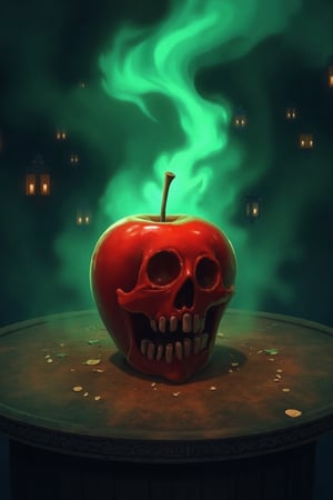 Score_9, Score_8, Score_7, a poisoned apple, it has a neon greenish glow, an apple on a table, red and releasing greenish smoke, has a carved skull, anime style,