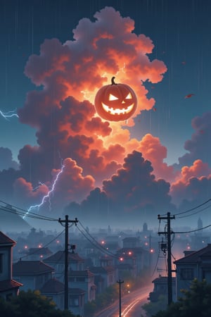 Score_9, Score_8, Score_7, image of a city, seen from a viewpoint, cloudy sky, thunder and lightning, rain, in the sky a cloud in the shape of a halloween pumpkin with a face and eyes on fire, anime style