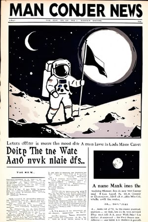 old newspaper clipping, letters in English, the name of the newspaper is "DOIT", close-up news photo of man reaching the moon, astronaut getting off a spaceship on the ground of the moon, carrying a flag, walking, and the headline says "Man conquered the moon"