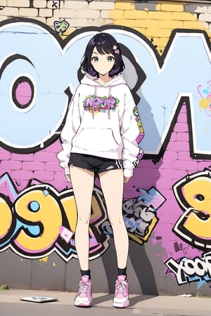 mature woman looking at the viewer, black hair with purple tips, green eyes, graffiti, full body, noon, masterpiece, wallpaper, Sticker, ,yor briar,black hair