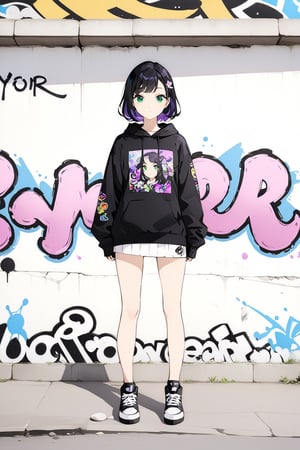graffiti of a girl looking at the viewer, black hair with purple tips, green eyes, graffiti, full body, noon, masterpiece, wallpaper, Sticker, ,yor briar