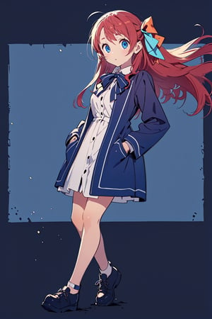 Chibi girl with long cherry red hair with a bow on the side, light blue eyes. She wears a blue and white shirt dress with a bow at the neck. full body, hands in pockets, halloween, horror background, artwork, wallpapers.