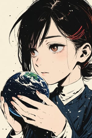 girl holding the universe in her hands, short black hair, brown eyes, 