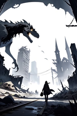 post-apocalyptic city, destroyed city, entrance to a city full of monster and dinosaur skulls, travelers arriving on horseback, masterpiece, wallpaper, midday sun, gloomy atmosphere