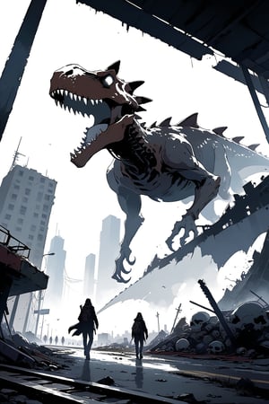 post-apocalyptic city, destroyed city, entrance to a city full of monster and dinosaur skulls, travelers arriving on horseback, masterpiece, wallpaper, midday sun, gloomy atmosphere