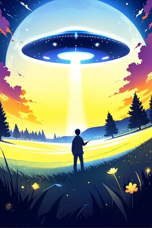 DonMW15pXL, ma UFO in the sky pointing a light at a person who is in the field, abdupsion, round and bright UFO, midnight, moon, field with short grass, wallpaper, masterpiece 