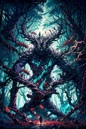 Chained forest demon, among the trees with ancient runes, toxic fumes, light, darkness, wallpaper, mold,