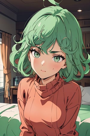 mature woman, masterpiece, best quality, highly detailed,virgin destroyer sweater,bed, green eyes, green hair, tatsumaki