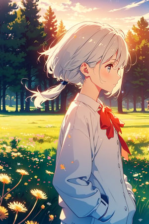 woman on the windy meadow, blowing a dandelion, sunset, flowers, trees, white hair, artwork, wallpapers. short hair with stars, hands in the pockets, light grey eyes, artwork, wallpapers.two pigtails with a ribbon in the hair behind the nape of the neck