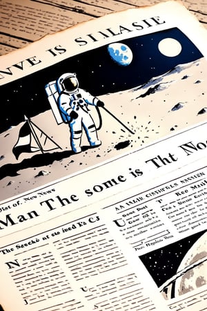 old newspaper clipping with some dust, letters in English, the name of the newspaper is "DOIT", close-up news photo of man reaching the moon, astronaut getting off a spaceship on the ground of the moon, carrying a flag, walking, and the headline says "Man conquered the moon"