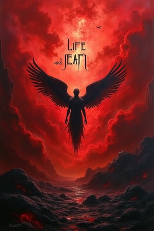 a red and black cover book, cover of a science fiction book, the title in English "LIFE AND DEATH", image below the title about death upside down and an angel upside down