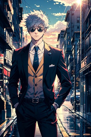 man mature, Hands in the pocket, in the background a city, car,SUN, work of art, wallpaper, soft shading, suit without tie, pastelbg, 