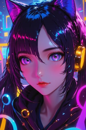 mature woman looking at the viewer,  graffiti,long hair,  noon, masterpiece, wallpaper, Sticker, ayakasprg, cat ears,glowing,bright,luminous skin,glowing brightly,warm light,radiant,soft,glowing skin and vibrant, luminous features,glowing visual effects,glowing, particles,neon,glowingstyle, anime style, cyberpank style, hair accessories, cat ears headband, luminous headphones, black hair, purple eyes, pigtails, 