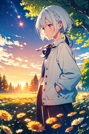 woman on the windy meadow, blowing a dandelion, sunset, flowers, trees, white hair, artwork, wallpapers. short hair with stars, hands in the pockets, light grey eyes, artwork, wallpapers.two pigtails with a ribbon in the hair behind the nape of the neck