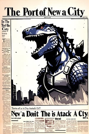 old newspaper clipping, letters in English,The title of the newspaper is "DOIT", close-up news of a photo of GODZILLA [PONYXL] - Zilla attacked the city, 