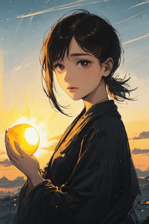 girl holding the sun in her hands, short black hair, brown eyes, 