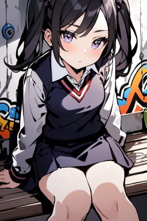 mature woman, sitting, schoolgirl, black hair,purple eyes, graffiti, midday, masterpiece, wallpaper, sticker, pigtails