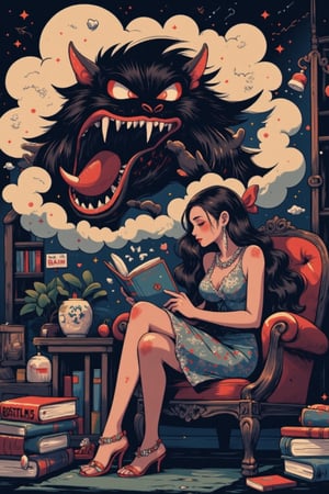 Score_9, Score_8, Score_7, woman with long black hair, bows in her hair, diamond necklace and earrings, shiny diamond dress, reading a book sitting on a sofa chair, many books around, a cloud coming out of her head where the figure of a monster is found dark open its jaws and showing its claws and red eyes, Cartoon style 