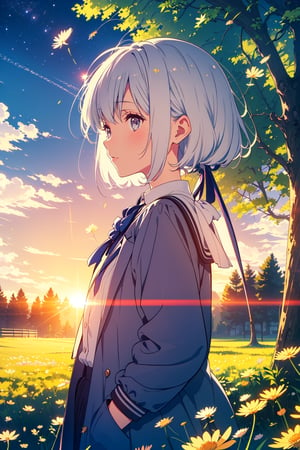 woman on the windy meadow, blowing a dandelion, sunset, flowers, trees, white hair, artwork, wallpapers. short hair with stars, hands in the pockets, light grey eyes, artwork, wallpapers.two pigtails with a ribbon in the hair behind the nape of the neck