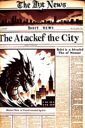 old newspaper clipping, letters in English,The title of the newspaper is "DOIT", close-up news of a photo of a monster attacked the city, 