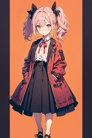 Chibi gir pink eyes.pink hair, pigtails She wears a shirt dress with a bow at the neck. full body, hands in pockets, halloween, horror background, artwork, wallpapers.two pigtails with a ribbon in the hair behind the nape of the neck