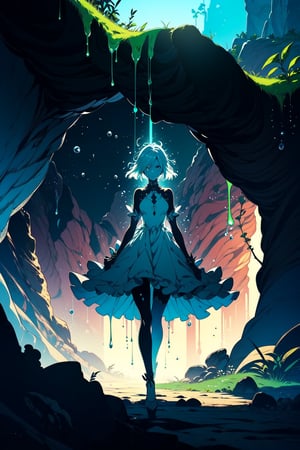 The Slime Girl stands staring into nothing as her vegetation skin drips upon the cave floor and her dress wafts in the breeze, she is the abandonee and is alone forevermore in artbook anime art style