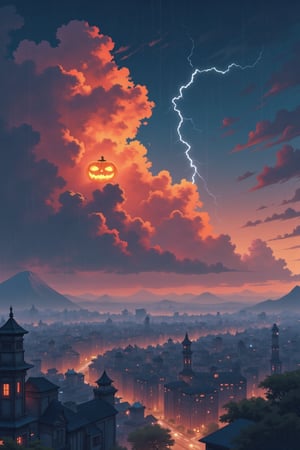 Score_9, Score_8, Score_7,image of a city, seen from a viewpoint, cloudy sky, thunder and lightning, rain, in the sky Many clouds in the shape of a halloween pumpkin with a face and eyes on fire, anime style