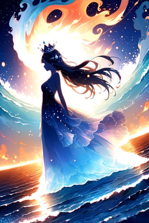 DonMW15pXL, watching the world from a distant place beyond the stars, slime goddess in the form of a woman, wearing a flaming diamond dress and a crown, imposing, ocean, goddess clothing, wallpaper, city in the middle of the sea, wallpaper, foreground 