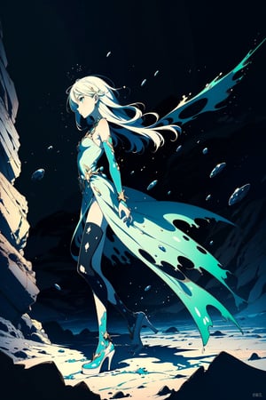 The Slime Girl stands staring into nothing as her diamont skin drips upon the cave floor and her dress wafts in the breeze, she is the abandonee and is alone forevermore in artbook anime art style