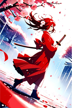 DonMW15pXL, warrior with a katana, a red bow on the hair moved by the wind, the text "fight", around cherry blossoms scattered on the ground, rain falling, wallpaper