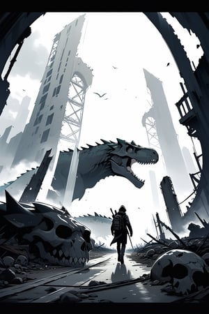 post-apocalyptic city, destroyed city, entrance to a city full of monster and dinosaur skulls, travelers arriving on horseback, masterpiece, wallpaper, midday sun, gloomy atmosphere