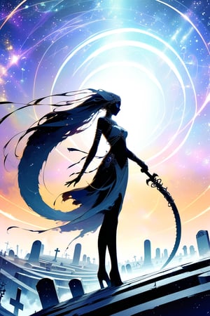 DonMW15pXL, seeing the world from a distant place beyond the stars, skeleton god with a black tukica and a giant sickle, imposing, cemetery, Greek goddess clothing, wallpaper, futuristic city, wallpaper, full body