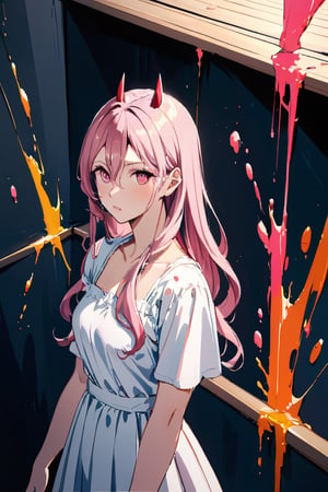 Light pink hair, pink eyes, pink and white, sakura leafs, vivid colors, white dress, paint splash, simple background, ray tracing, wavy hair,powerdef