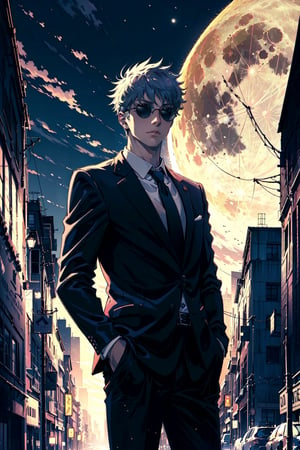 man mature, Hands in the pocket, in the background a city, car, fullmoon, work of art, wallpaper, soft shading, suit without tie, pastelbg, 