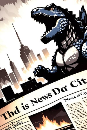 old newspaper clipping, letters in English,The title of the newspaper is "DOIT", close-up news of a photo of GODZILLA [PONYXL] - Zilla attacked the city, 