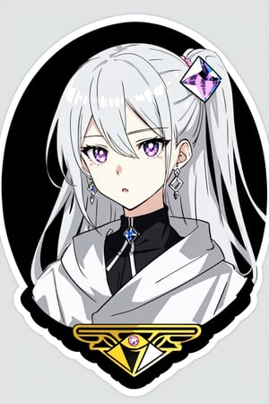  anime style,,sticker,,stickers, Stickers, ,diamond accessories, light gray hair, silver eyes, white borders around the face,1girl navia, Aponia 